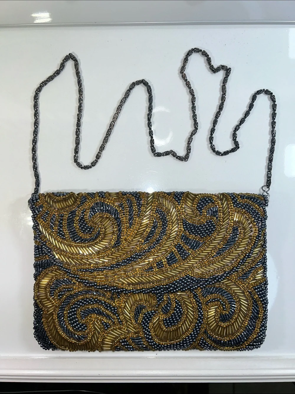 Vintage Handmade Beaded Evening Clutch Shoulder Bag With Chain Handle